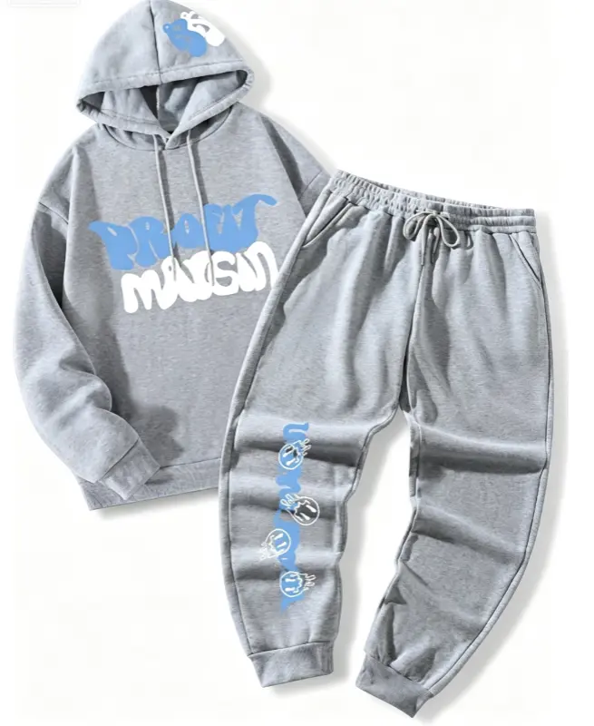 Manfinity Unisex 2-Piece Drawstring Fit Sports Sweat Suit - Long Sleeve Graphic Letters Hooded Gym Wear Hoodie & Sweatpants Set for Fall Winter