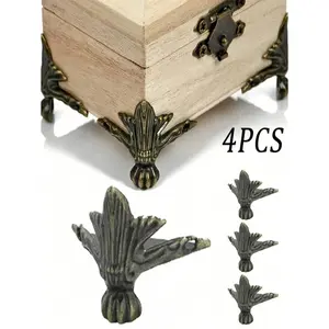 4Pcs/Set Antique Wood Box Feet Leg Corner Protector Wood Case Decorative Iron Feet Legs Corner Protector Jewelry Gift Box Triangle Rattan Carved Decorative Bracket For Furniture Hardware