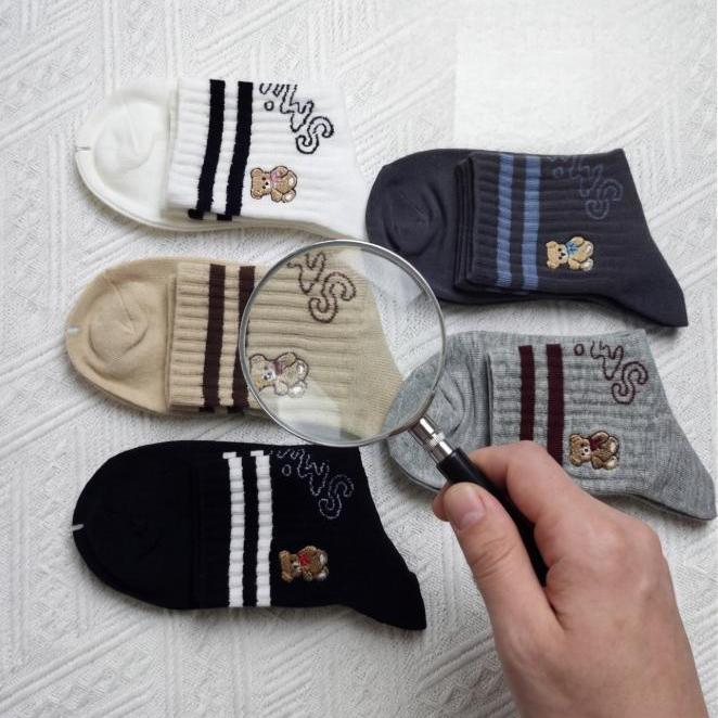 Auravia Women's Cute Teddy Bear Cotton Quarter Ankle Socks 5 Pairs Striped Patterns Breathable Sweat-Wicking Preppy Style Everyday Wear Soft Comfortable Stylish Casual Womenswear