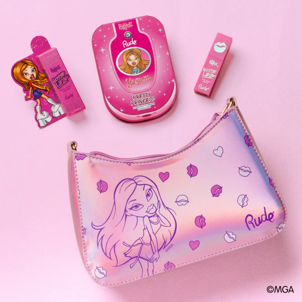 Bratz Yasmin Pretty Princess Glam Bundle - Eyeshadow Palette, Lipstick, Makeup Bag, Mirror, Vegan & Cruelty-Free