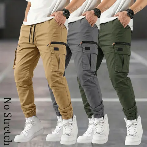 Men’s outdoor non-stretch cargo pants, 3-pack — American casual straight-leg design with a tapered hem, tactical polyester fabric, solid color suitable for all seasons and commuting, large zippered pockets, a holiday gift for outdoor enthusiasts.