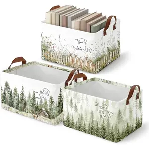 3 Pack Woodland Storage Baskets for Gifts Empty Large Collapsible Toy Storage Bins Box Woodland Canvas Baskets Organizer with Handles Forest Animal Rustic Nursery Decor for Shelves Closet Bedroom