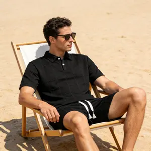 Men's 2 Piece Outfits, Textured Cable Knit Polo Shirt and Shorts Set, Casual Summer Tracksuit with Drawstring Waist & Pockets for Daily Wear, Vacation, Beach