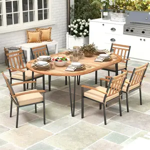 COSTWAY - 79 Inch Oval Patio Dining Table with Umbrella Hole and Acacia Wood Tabletop for 8 People