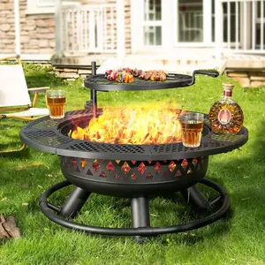 36 Inch Fire Pit with Grill,Wood Burning Fire Pits for Outside with Lid& Fire Poker,Round Metal Firepit Table 3 in 1 with Cooking Grate,Outdoor Firepits for Yard Patio Bonfire Camping