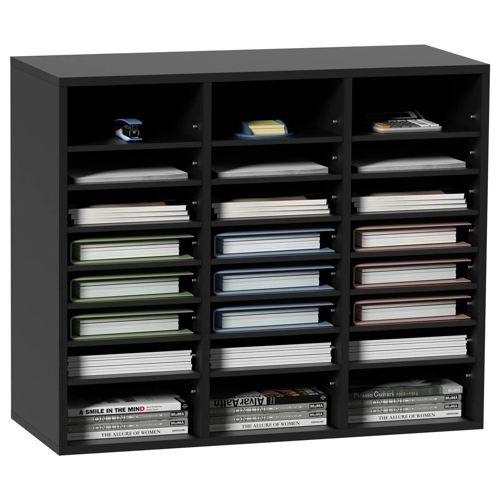 VEVOR Wood Desk Organizer, 24-Compartment Office Desk Accessories with Removable Shelves, Adjustable Size, P2 Chipboard File Sorter, Mail Slot, EPA Certified, Black for Office Home Use