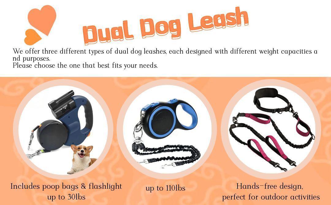 Iyoshop No-Tangle Dual Dog Retractable Leash with Ergonomic Soft-Grip Handle - 10FT Auto-Untangle Lead, Leather Safety Hook, Adjustable Stainless Steel Martingale Collars (30 lbs Each) for Medium Dogs, Outdoor Use Plain Collars & Harnesses Set