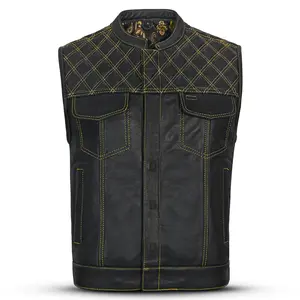 Gold Diamond Stitch Men's Motorcycle Leather Vest with Bandana Liner MC20111