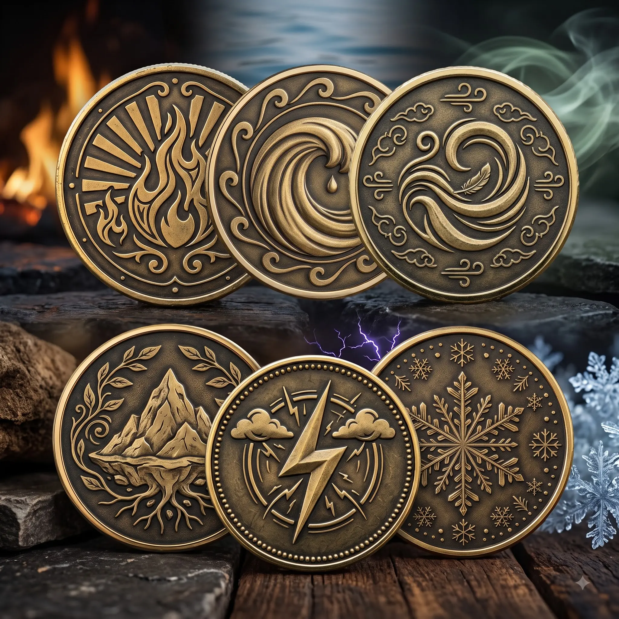 Elements Coin Set 6, High Quality 3D Printed Metal Coins, Fire Water Air Earth Lightning Ice Collection