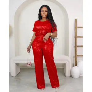 summer spring clothes 2025 New Fashion Sequin Solid Color Short Sleeve Long Pants Two-piece Set Ensemble Femme 2 Pièces Été Light Womenswear