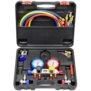 JIFETOR 4 Way AC Manifold Gauge Set, HVAC Diagnostic Refrigerant Charging Tool for Auto Household R404A R134A R410A, with 5FT Hose, Adjustable Quick Coupler, Adjustable Can Tap, R410A Adapters car auto way ac