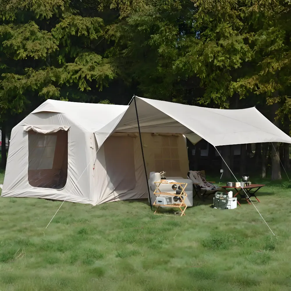 9.8 x13ft with canopy, Inflatable Camping Tents with Hand Pump, Air Glamping Tents,  Easy Setup Waterproof and Windproof Blow up Tent  Beige