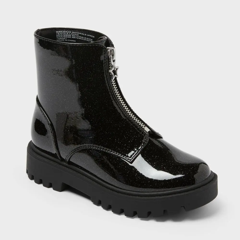 Art Class Kids' Myra Chelsea Boots - Black Faux Patent Leather with Speckled Finish & Star Zipper Detail - 5" Shaft
