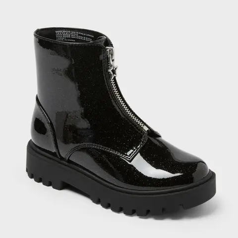 Art Class Kids' Myra Chelsea Boots - Black Faux Patent Leather with Speckled Finish & Star Zipper Detail - 5" Shaft