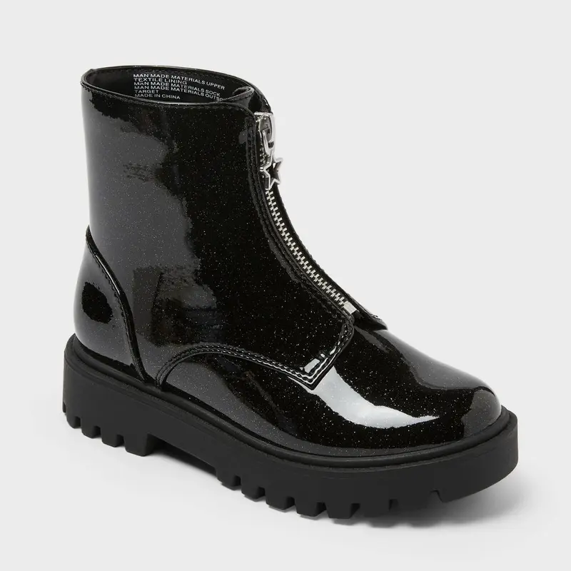 Art Class Kids' Myra Chelsea Boots - Black Faux Patent Leather with Speckled Finish & Star Zipper Detail - 5" Shaft