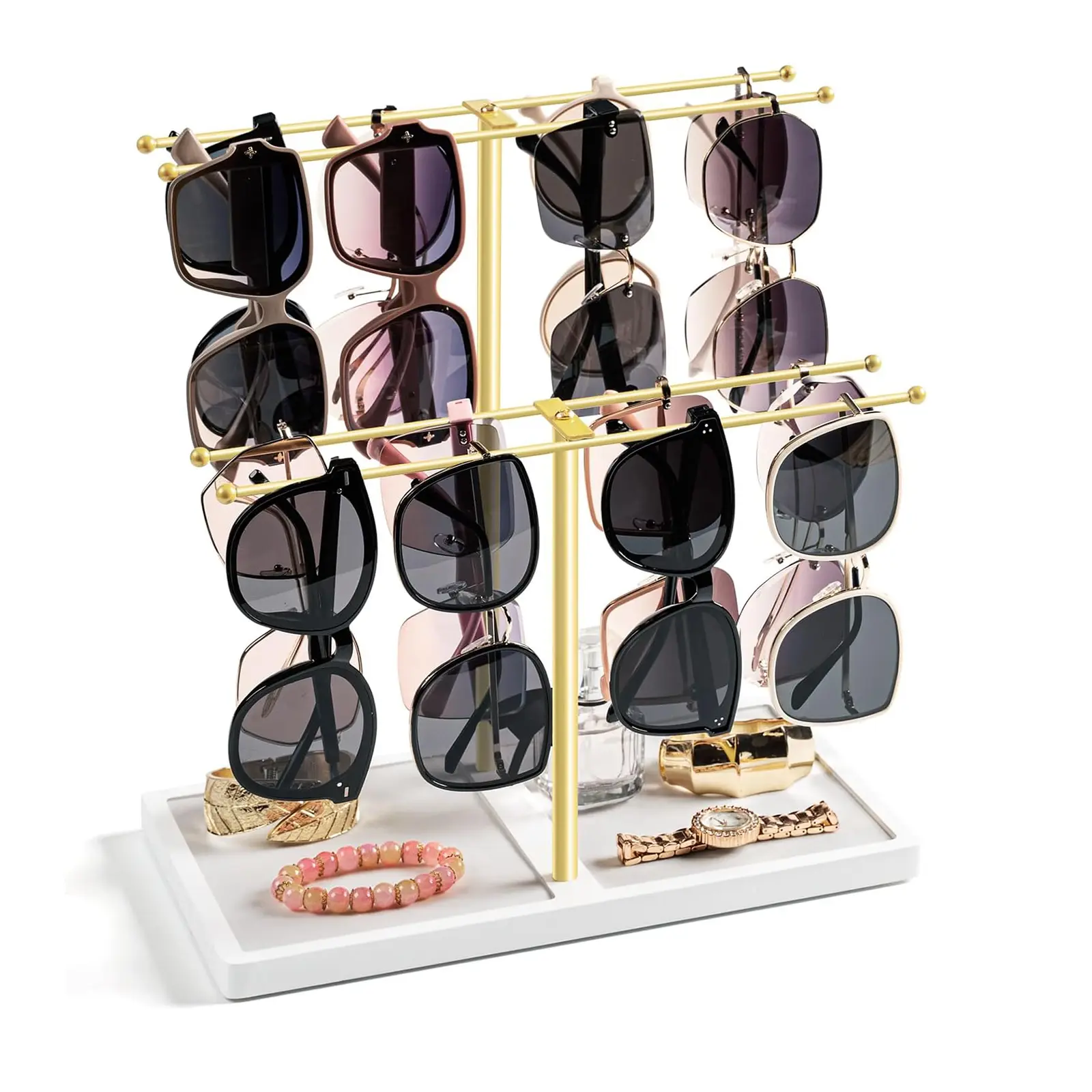 Sunglasses Organizer Display Rack for Men Women, 2 Tier Eyeglass Holder Stand for Desk Dresser Vanity, Metal Eyewear Storage with Wood Tray for 16 Pairs, Jewelry Holder for Bracelets Rings Watches, Gold White