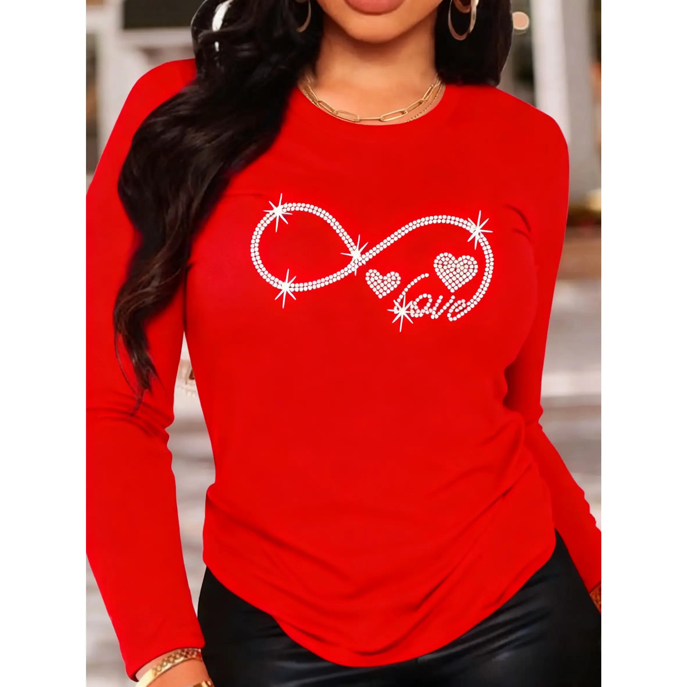 Women's Long Sleeve Round Neck Printed T-Shirt - Infinity Heart Pattern, Medium Stretch Casual Top for Autumn and Winter, Machine Washable Regular Fit, Fashionable Transparent Fabric Non-See-Through, Women's T-Shirt, Winter Clothing