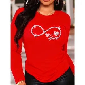 Women's Long Sleeve Round Neck Printed T-Shirt - Infinity Heart Pattern, Medium Stretch Casual Top for Autumn and Winter, Machine Washable Regular Fit, Fashionable Transparent Fabric Non-See-Through, Women's T-Shirt, Winter Clothing