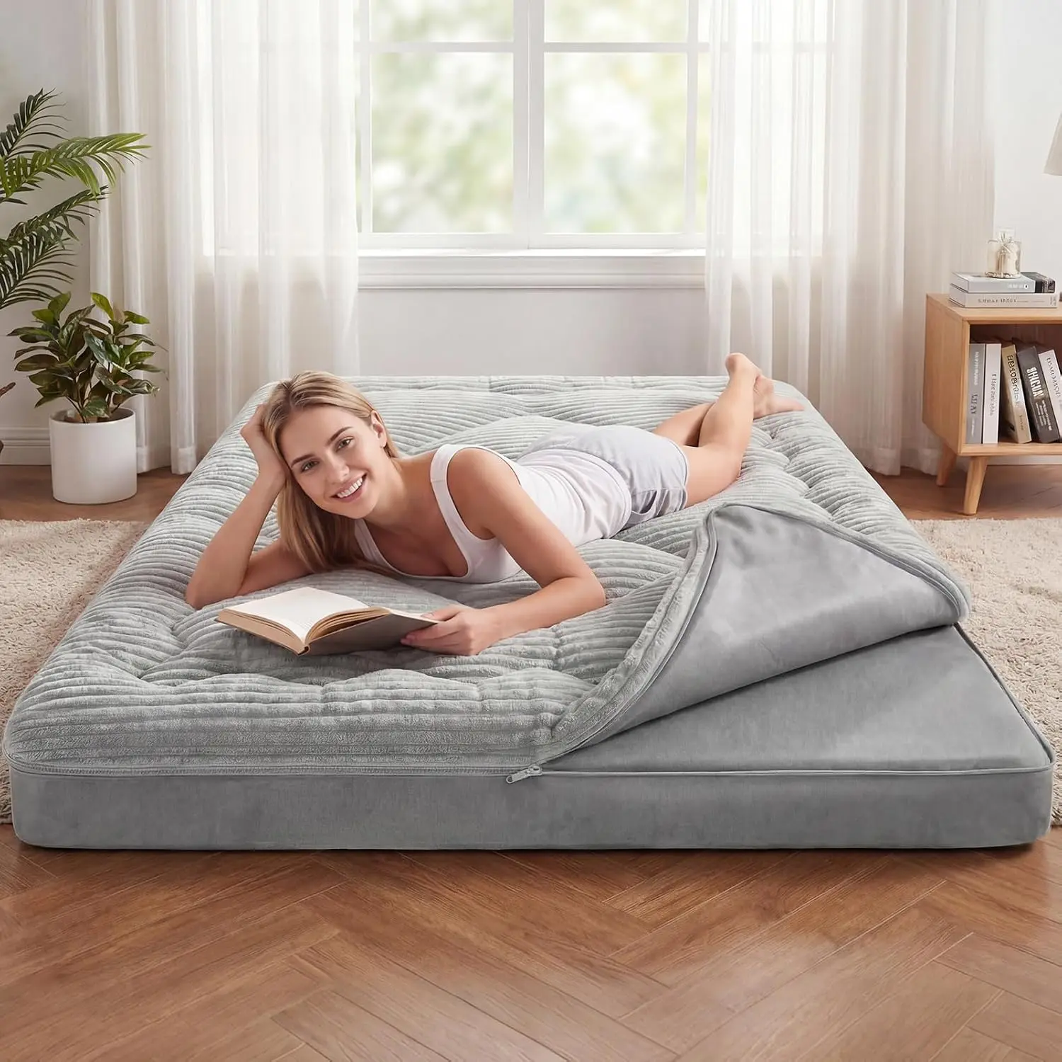 6" Extra Thick 2-in-1 Corduroy Queen Size Mattress - Japanese Futon Mat with Soft/Firm Dual-Layer, Foldable Roll-Up Floor Bed for Adults/Guests, Machine Washable Cover