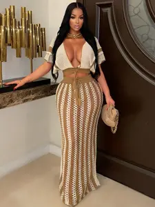 Two-piece Set Women's Colorblock Top & Striped Pattern Hollow Out Long Skirt, Casual Fashion Knitwear Set for Summer, Women's Clothing for Beach Vacation, Outfit Clothe Matching Skirt Set