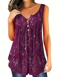 Elegant Plus Size Open Front Buttoned Ruched Fit Pleats Floral Vest Top, Fashionable European and American Style Fitted, Women's Casual Summer Wear Womenswear