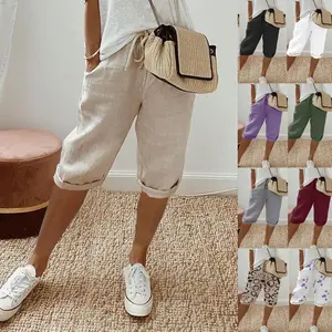 2025 Women's Cotton Linen Pocket Elastic Casual Pants Women's Shorts White Chic Womenswear Bottom