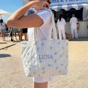 Quilted Pink Bow Tote Bag Large Quilted Floral Bag Pretty Soft Durable Tote Bag Bridesmaid Bag for Her Weekend Bag