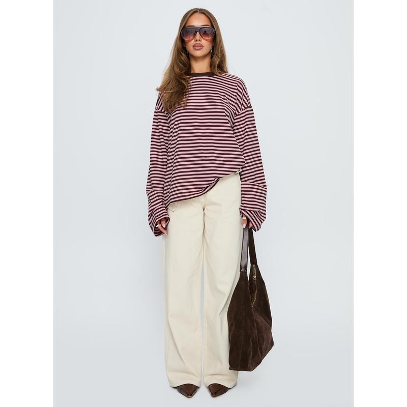 Settle Down Long Sleeve Top Pink / Brown Stripe