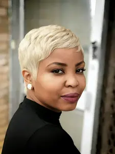 Pixie Wig Short Straight Layered Human Hair Wig for Women, Blonde Color Pixie Cut, Burgundy Machine Made, Daily Party Cosplay Gift Use