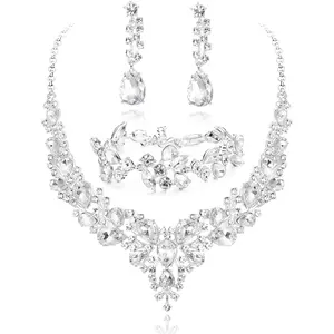 LOYALLOOK Crystal Bridal Jewelry Set for Women Rhinestone Necklace Earrings Bracelet Wedding Bridesmaid Gifts fit with Wedding Dress Teardrop Design