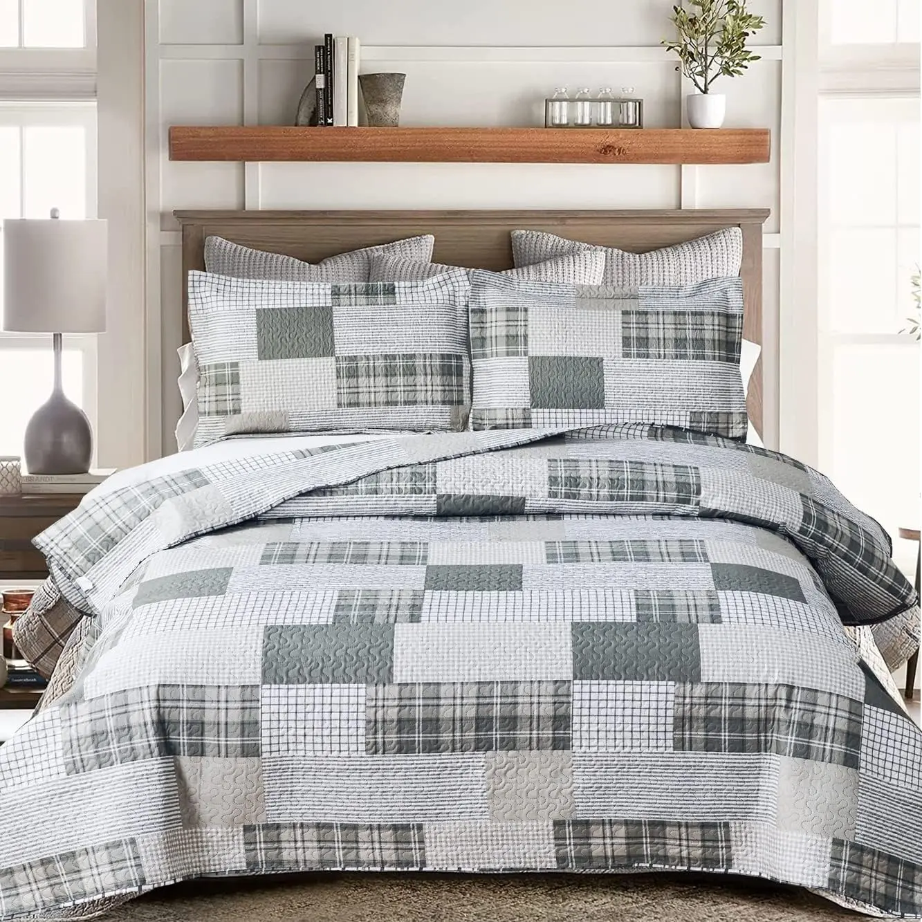 Grey White Plaid Quilt Full/ Size Lightweight Patchwork Quilts Geometric Bedspread Checked Bedding Soft Breathable Gingham Coverlet Bed Cover Classic Home Decor