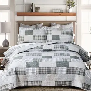 Grey White Plaid Quilt Full/ Size Lightweight Patchwork Quilts Geometric Bedspread Checked Bedding Soft Breathable Gingham Coverlet Bed Cover Classic Home Decor