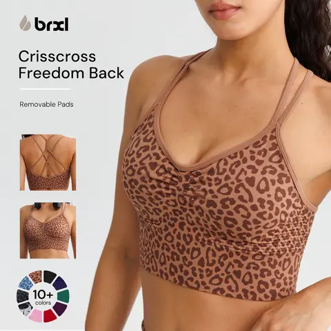 BRXL  Lycra Fabric Sports Bras for Women Longline Crisscross Back Sport Bra Light Impact Strappy Workout Bra Top with Removable Pads