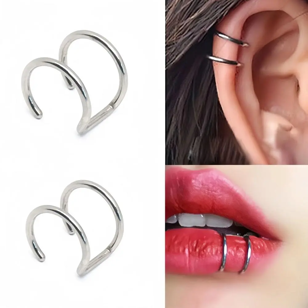 JEWEL4U - Fashion Stainless Steel Fake Piercing U-shaped Double Layer Ear Clips Lip Clip for Women Charms Ear Bone Nail Ear Cuff Jewelry