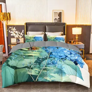 3pcs (1 comforter + 2 pillowcases) Floral Bedding Set, All - Season Soft & Cozy, Hypoallergenic, Wrinkle & Fade Resistant, Easy - Care, Queen/King/Full Size, Watercolor Hydrangea & Fern Pattern, Premium Durable Fabric for Bedroom Guest Room Home Dorm
