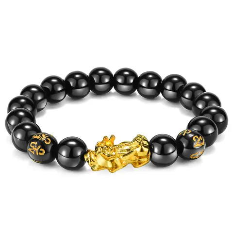 OLEVS 10MM Black Onyx Pixiu Beads Bracelet - Unisex Metal Coating Lucky Bracelet, Fade-Resistant Elegant Fashion Costume Jewelry, Bold Symbolism Motif, Accessory for Daily Wear
