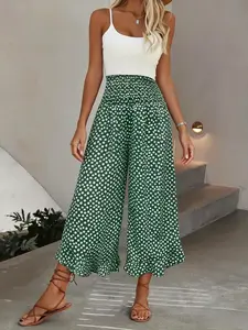 Women's Plus Size Solid Color Ditsy Floral Print Nine-Quarter Pants, Boho Loose High Waist Straight Leg, Comfortable Fitted Design, Casual Comfy Trousers