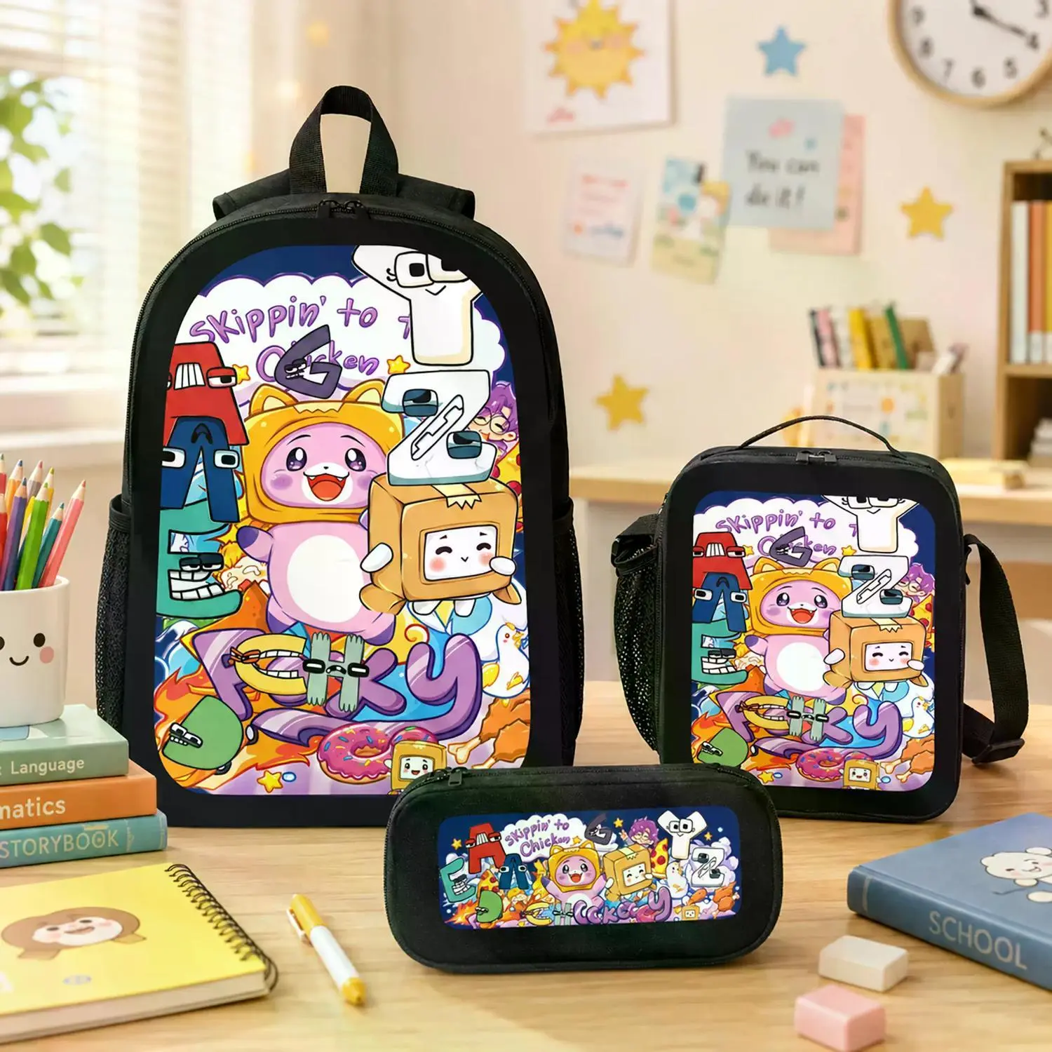 Lankybox 3-Piece Polyester Backpack Set | Gamer Theme Cartoon Graphics - Large Compartment, Zipper Closure, Lightweight School Bookbag with Lunch Bag & Pencil Case | Fun Playful Look Back to School Gift for Kids & Teens