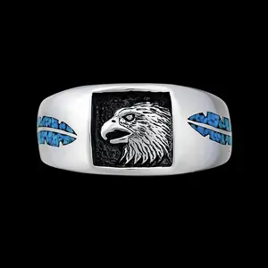 Spirit Animal Ring • Sterling Silver Eagle with Turquoise Inlaid Feathers • Navajo Crafted