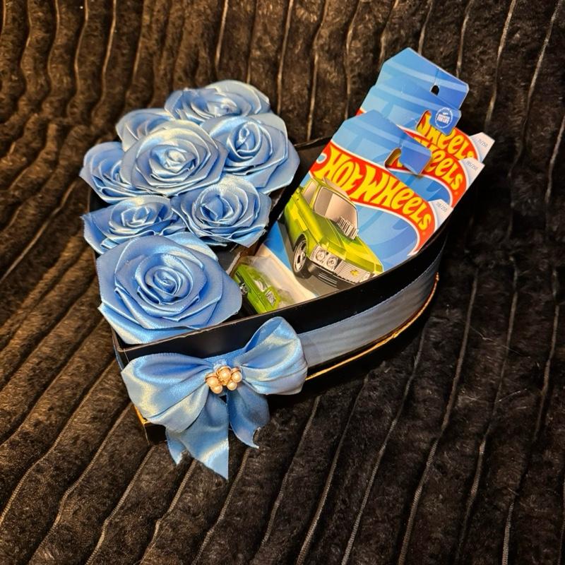 Valentine’s Day gift Heart shape box with blue eternal ribbon roses and hot wheels. Gift for man, for boyfriend, for husband. Gift for Valentine’s Day , birthday, anniversary , Father’s Day