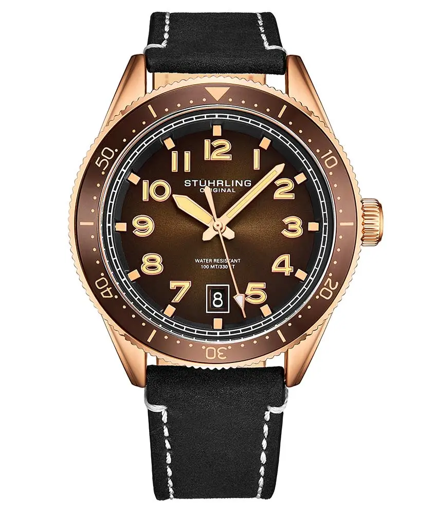 Stührling Vortex 3989 Men's Luminous Analog Watch - 42mm Quartz Accurate, Water Resistant Wristwatch with Luminescent Hands, Unidirectional Bezel, 30M - 50M, High-Contrast Markers, Waterproof, Leather Strap, Male Wear, Quartz Drive, Chic Fashion Men's Wat