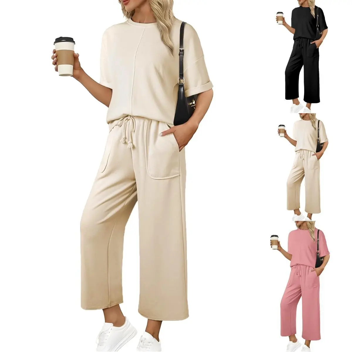 SCUSTY Women's 2 Piece Outfits Sweatsuit Casual Short Sleeve Pullover Tops and Drawstring Wide Leg Pants Lounge Sets