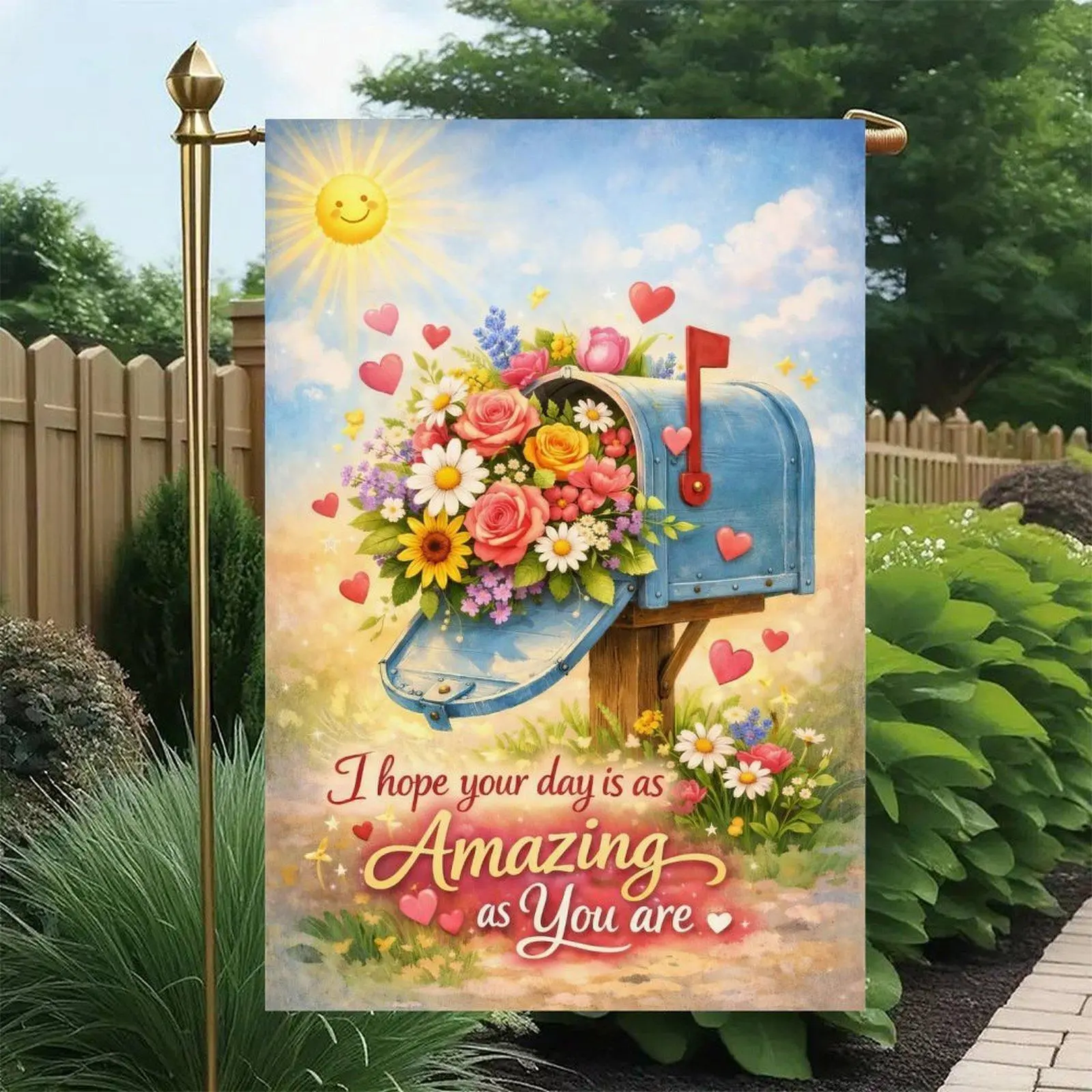 I Hope Your Day Is As Amazing As You Are Blue Mailbox Rose Sunflower Heart Positive Garden Flag Double-Sided 12x18in, Warm Daily Quote Farmhouse Patio Banner