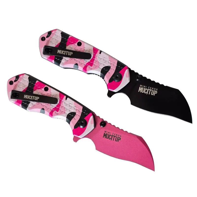 MUCITUP Mini Ceros Pink Camo Folding Knife - 9Cr18MoV Stainless Steel Blade, Aggressive Textured G10 Scales, Liner Lock, Compact Camping EDC Survival Tool, Deep Carry, Black/Pink Finish, Adult Survival Equipment