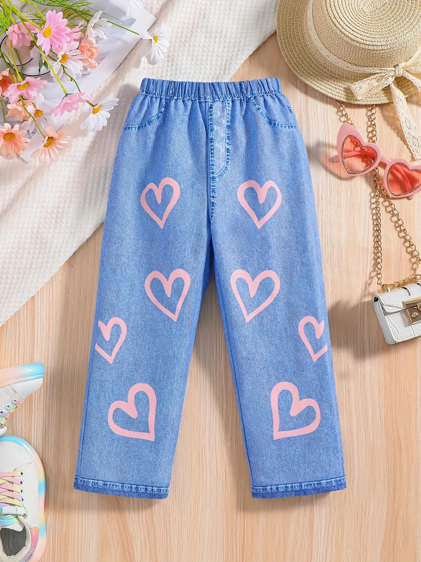 Girl's Heart & Denim-effect Print Straight Leg Pants, Casual Comfy Elastic Waist Trousers for Spring & Fall, Kids Bottoms for Daily Wear