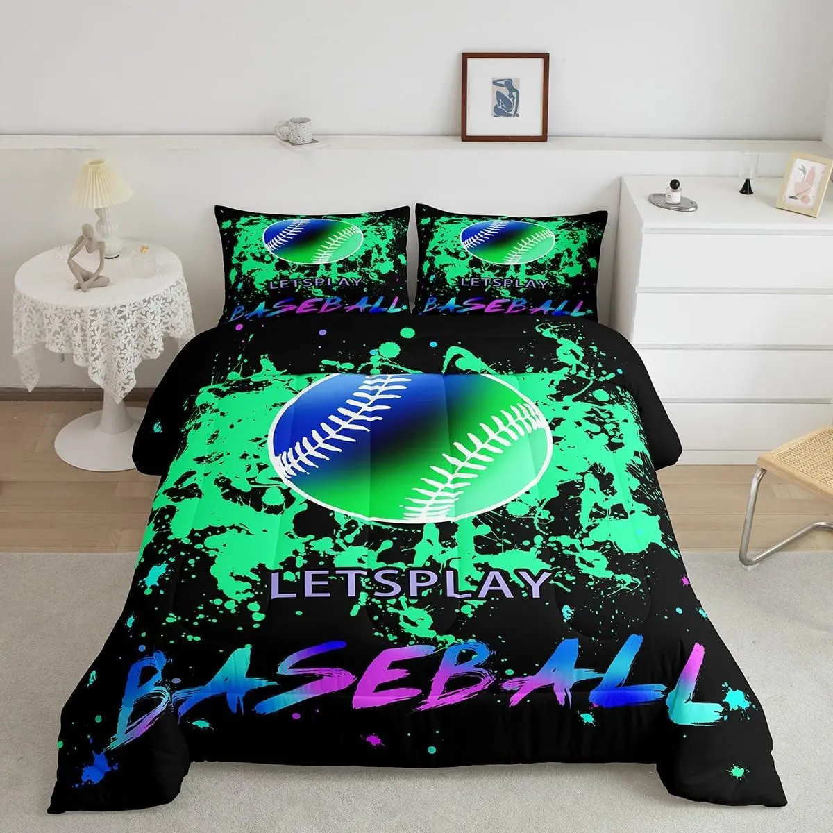 Feelyou Twin Size Decorative Bedding Set - Soft Poly 3D Modern Baseball Bedding, Geometric Green Blue Gradient Galaxy Quilt, Sports Theme Room Decor; Set Includes Duvet & Blanket