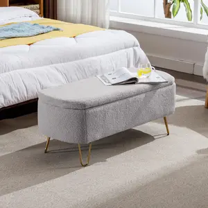 Storage Ottoman Bench with Gold Legs, Grey Faux Fur Upholstered Padded Footstool, Hidden Storage Compartment, Modern Entryway Bench for Living Room Bedroom End of Bed, 1-Pack, Home Furniture and Household Product Search Terms