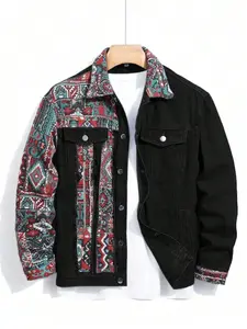 Men's Ethnic Pattern Embroidery Denim Jacket Loose Casual Long Sleeve Button Front Outerwear Spring Fall Clothes Daily Wear 2026 Breathable Soft Lightweight Trendy Home Outdoor Streetwear Hip Hop