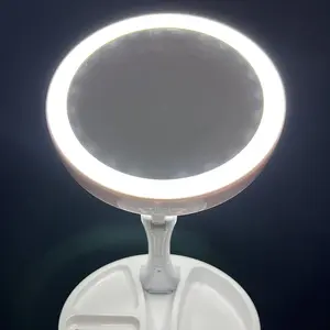Dimmable Desk Lit Cosmetic Make up Mirror 6 inch Double Sided 10X /1X Magnification Lighting up with Button Control Fold-able Mirror Easy Carry USB Chargeable/ AA Battery