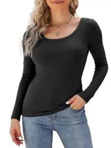 Womens Long Sleeve Scoop Neck Shirts Knit Tops Slim Fitted Tees Basic Casual Fall Outfits